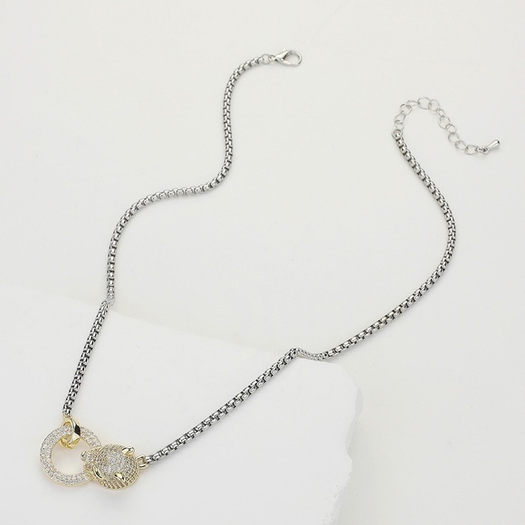 14K GP Pave Leopard Panther Head Necklace - Picture 3 of 4